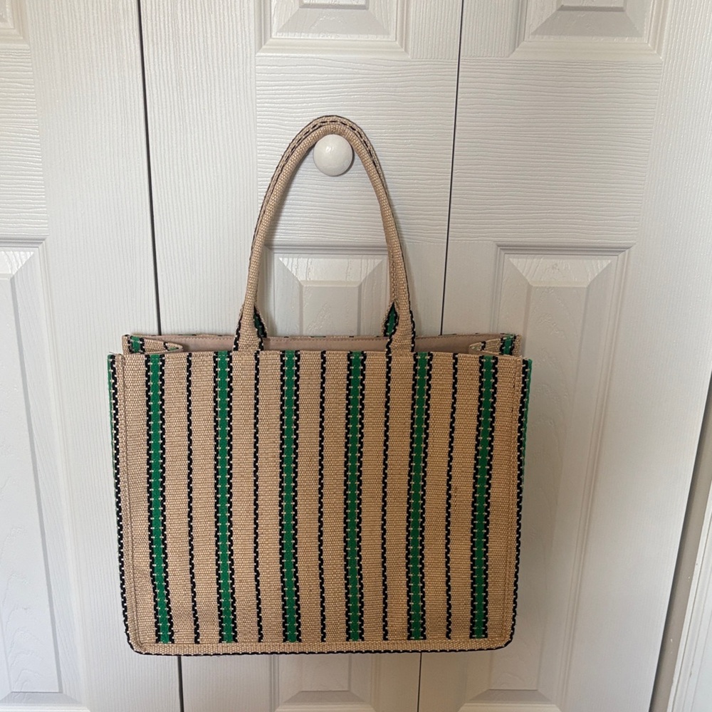 H&M Tan and Green Striped Tote Bag